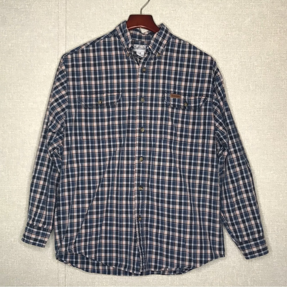 Carhartt Men’s Blue and Tan Checkered Long Sleeve Button Down Shirt
